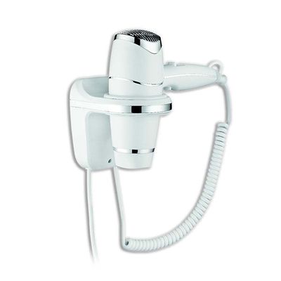 Yul Comfort asciugacapelli con supporto murale ABS bianco cromato, 1800W, 3 livelli calore/velocità, pulsante a rilascio.