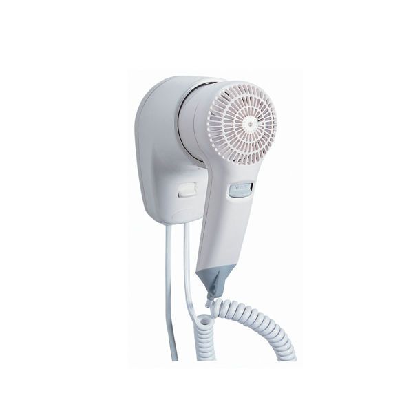 Yul Basic asciugacapelli con base a muro bianco in ABS, motore 1200W, 2 livelli calore e velocità.