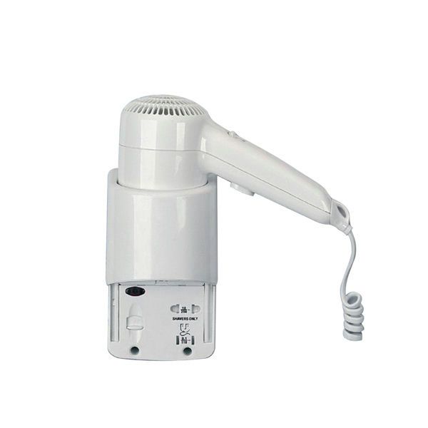 Yul Basic asciugacapelli muro con presa rasoio, motore 1200W, 2 livelli calore/velocità, pulsante sicurezza.