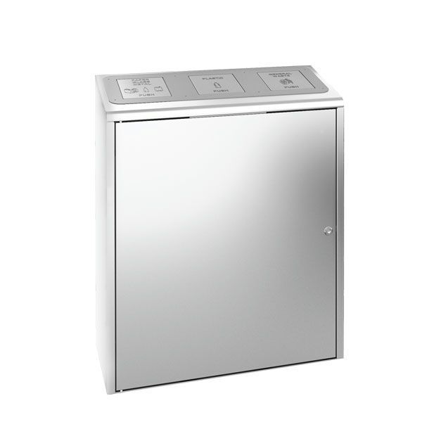 Malta Medial satin stainless waste bin with 3 push doors, laser-customizable signage and lockable door.
