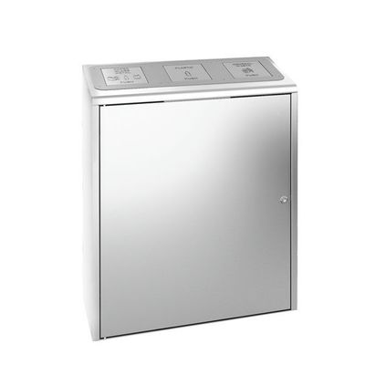 Malta Medial satin stainless waste bin with 3 push doors, laser-customizable signage and lockable door.