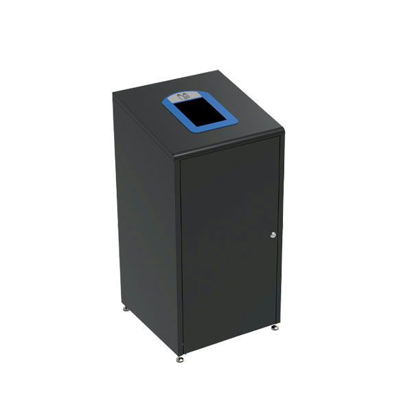 Koala Medial black recycling bin with frames and icons, lockable door and adjustable feet.