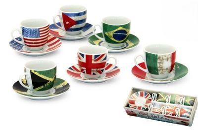 Set of 6 porcelain coffee cups with flag saucers horeca use