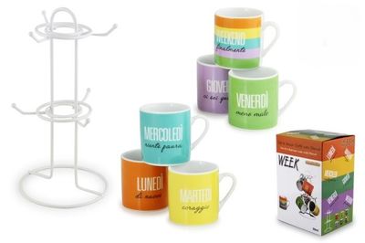 Coffee cups set 6 porcelain 9 cl with stand Week colorful horeca use