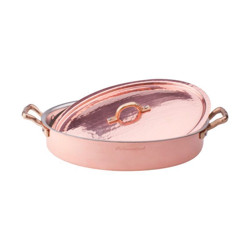 Pan Oval with Lid 30 cm Copper Martellato 2 mm - Agnelli
