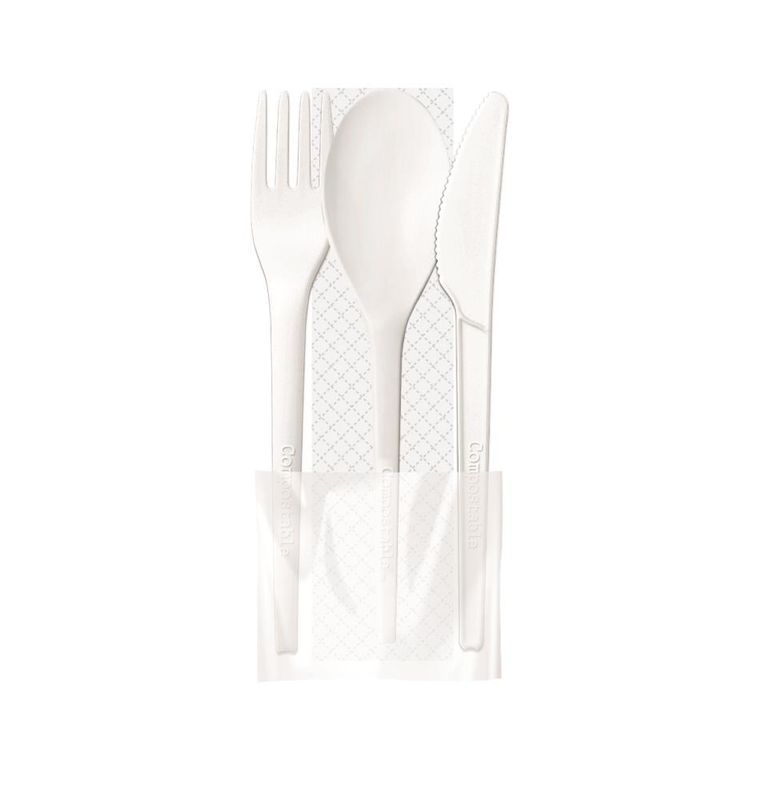 Set of 500 Three cutlery pieces in CPLA with compostable pouch, 16.5 cm Style - Byo