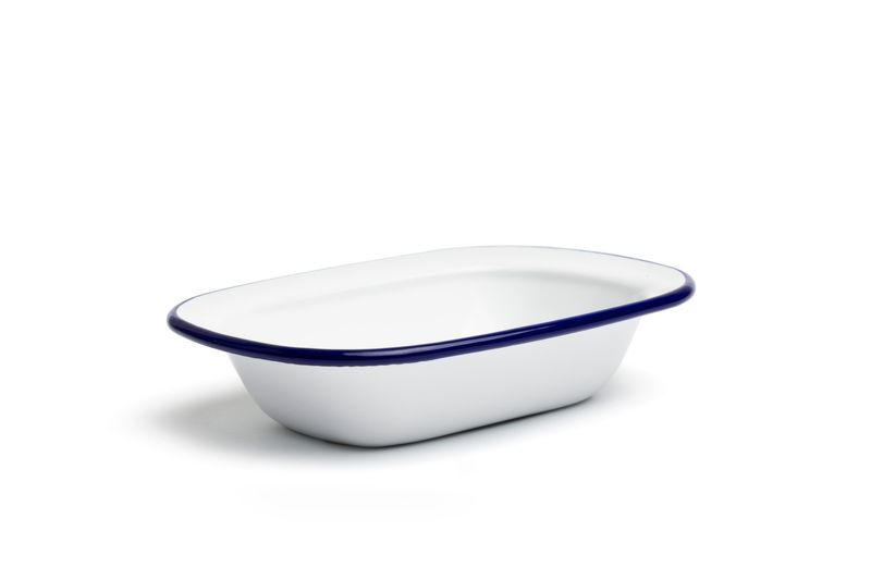 Ciotola rettangolare Comas ferro smaltato bianco bordo blu horeca