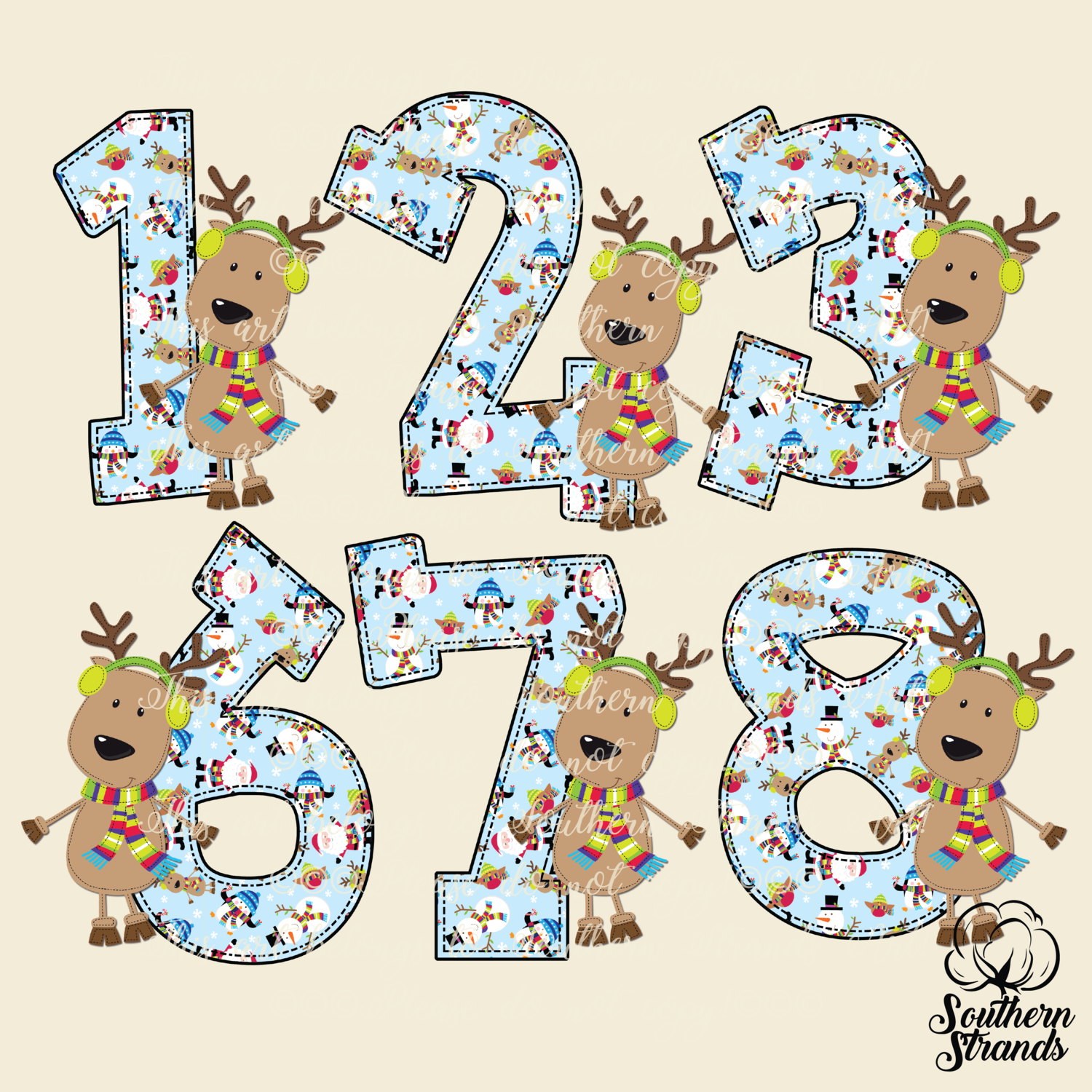 Hand Written Reindeer Numbers + WITH Reindeer Figures Kit - BLUE