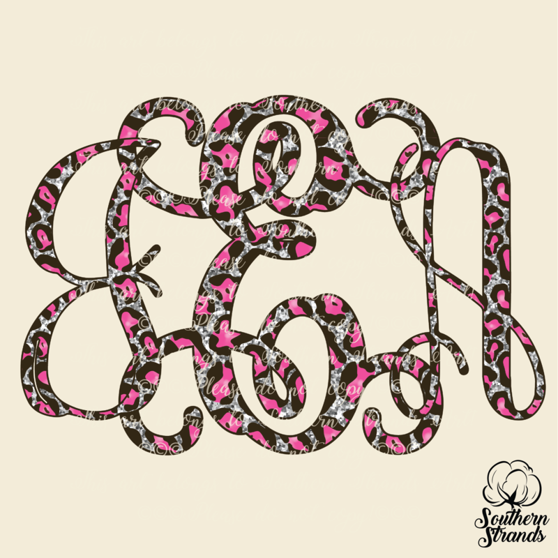Vine Monogram - Pink on Silver Leopard Print Alpha