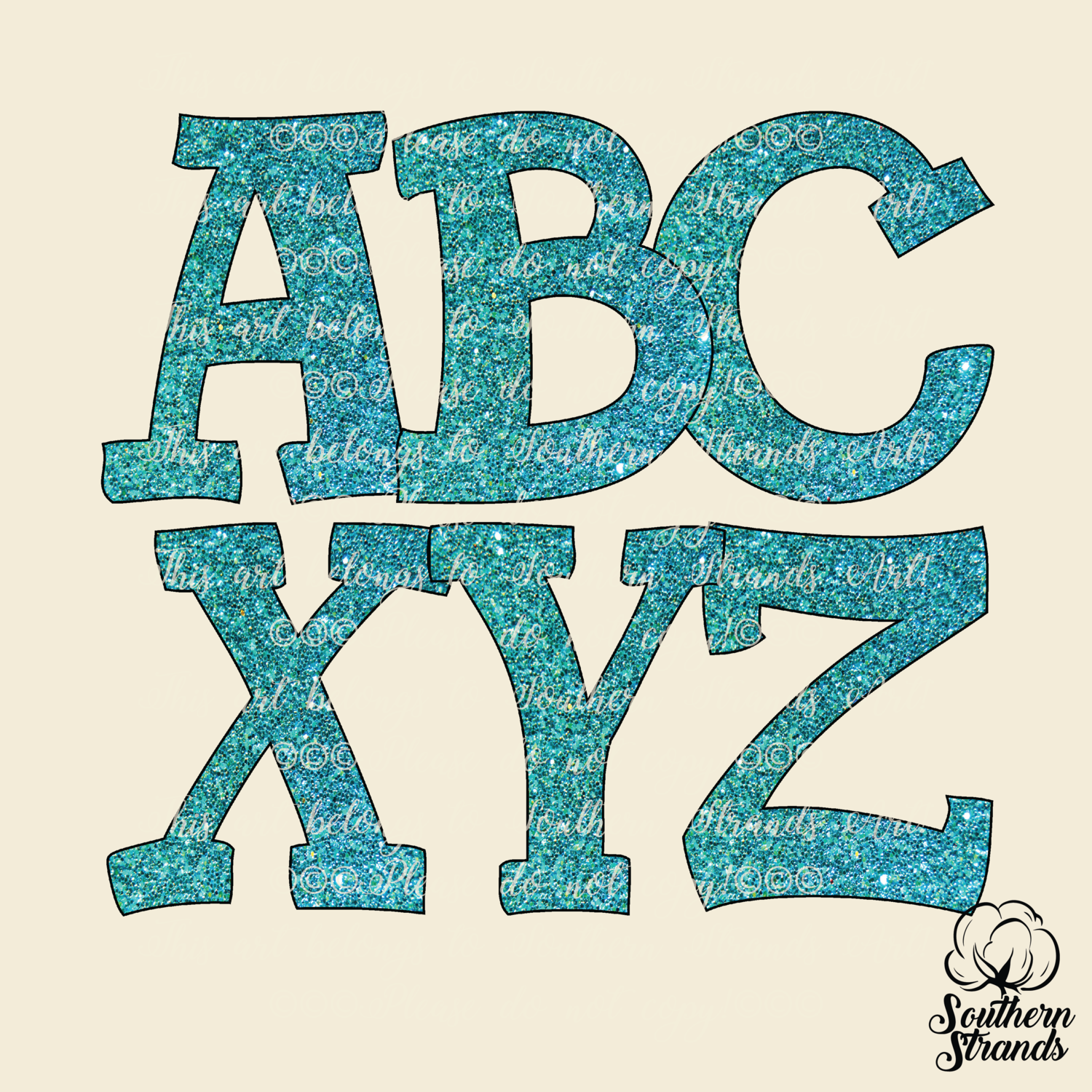 Hand Written Turquoise Glitter Alpha