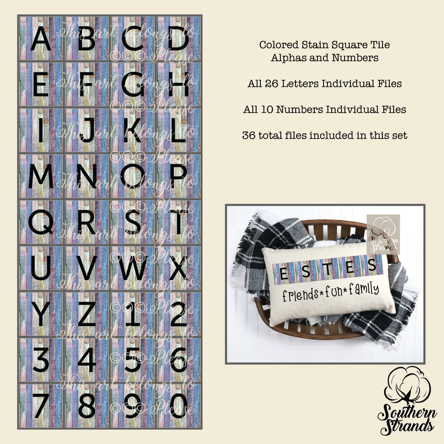 Colored Stain Square Tile Alphas and Numbers