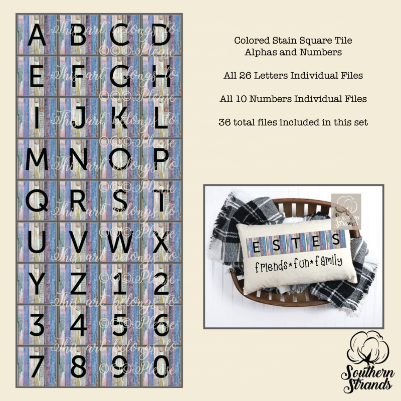 Colored Stain Square Tile Alphas and Numbers