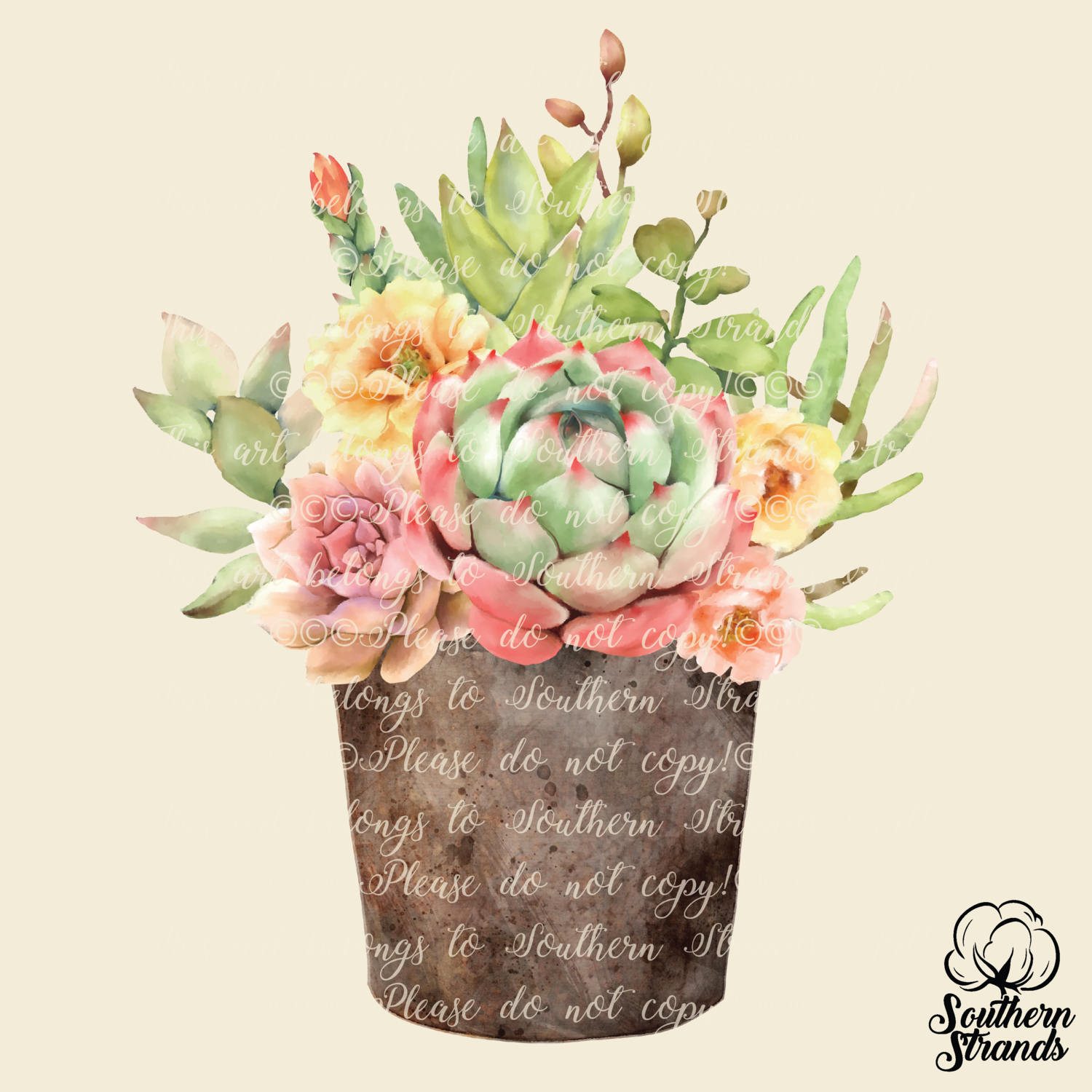 Watercolor Succulents Rusty Bucket