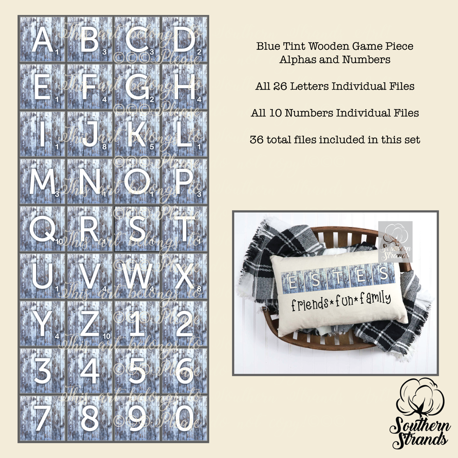 Blue Tint Tile Game Pieces Alphas and Numbers