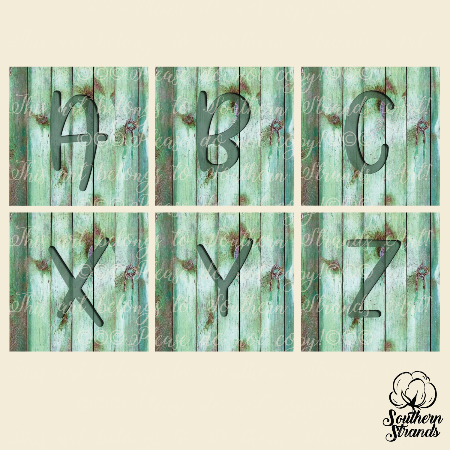 Green Wood Carved Alpha Square Tiles