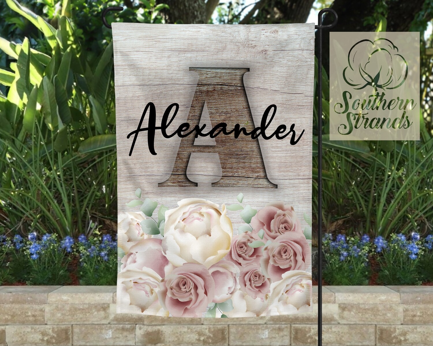White Washed Roses Garden Flag Kit - 12x18 With all 26 Wood Carved Letters