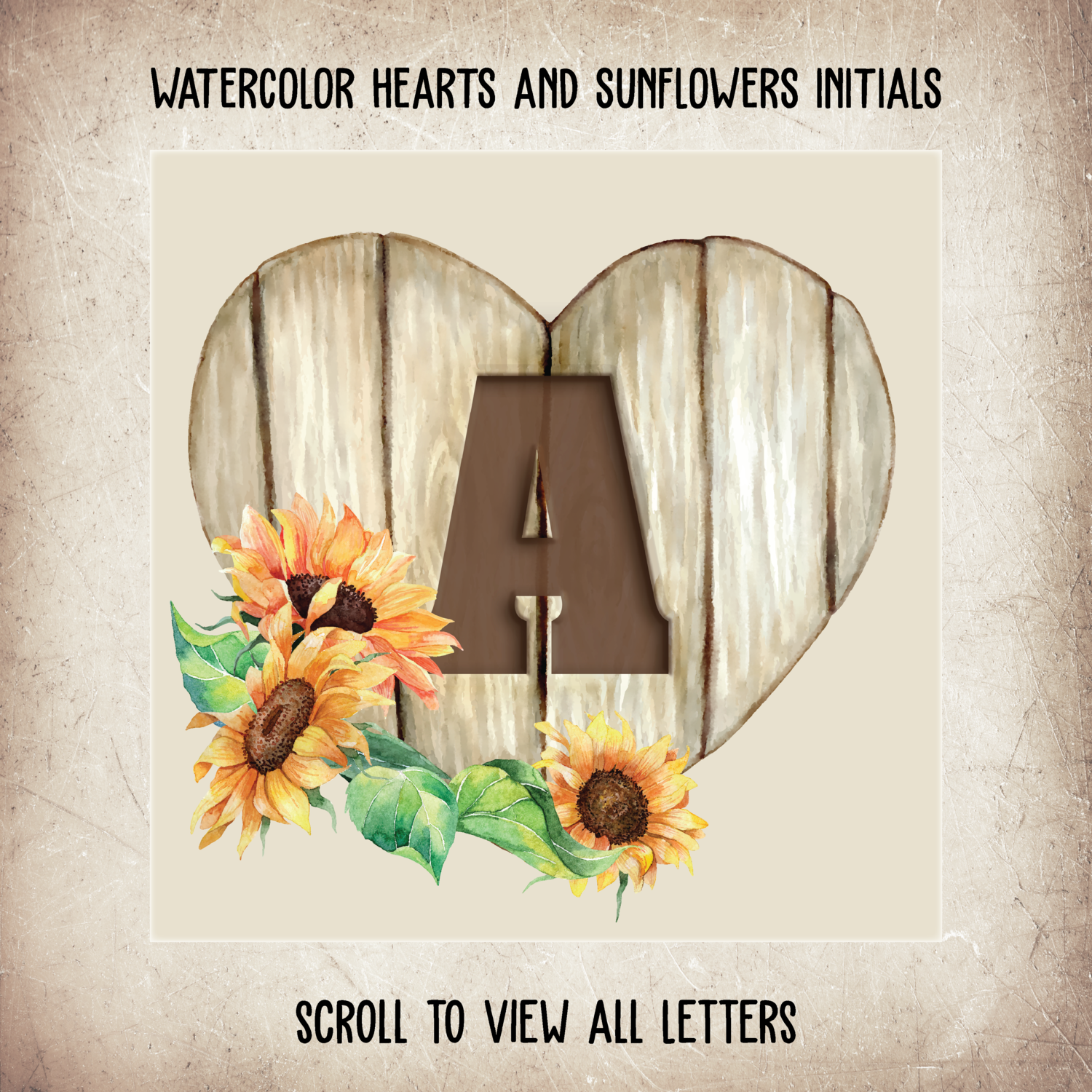 Watercolor Hearts and Sunflowers Initials - All 26 Letters Plus a Blank Heart