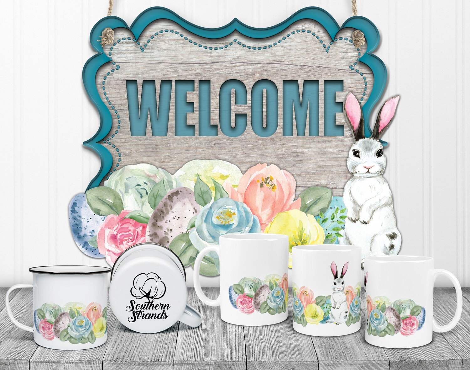 Whitewashed Easter Bunny Door Hanger 2 Piece with Interchangeable Bottom Art | DIGITAL DESIGN
