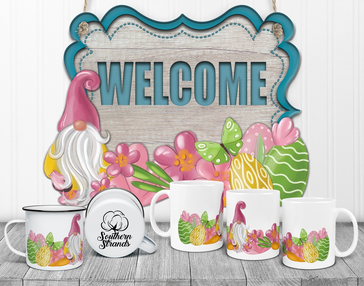 Whitewashed Easter Gnome Door Hanger 2 Piece with Interchangeable Bottom Art | DIGITAL DESIGN