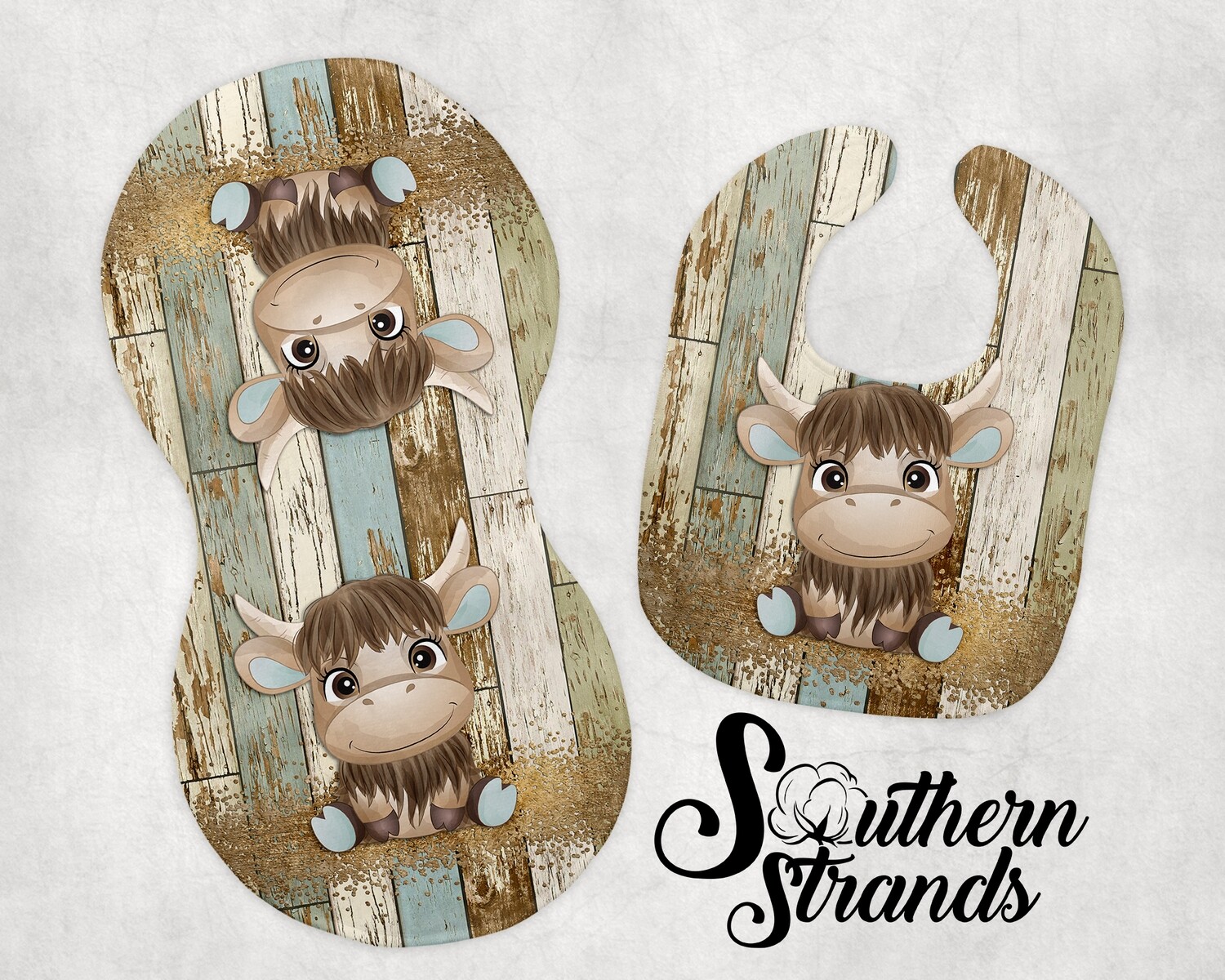 Farmhouse Highland Cow - Blue - Burp Cloth and Bib | DIGITAL DESIGN