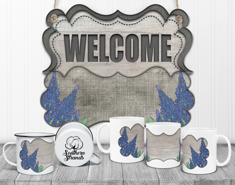 State Flower Welcome Board - Texas -  Blue Bonnets Door Hanger 2 Piece with Interchangeable Bottom Art | DIGITAL DESIGN