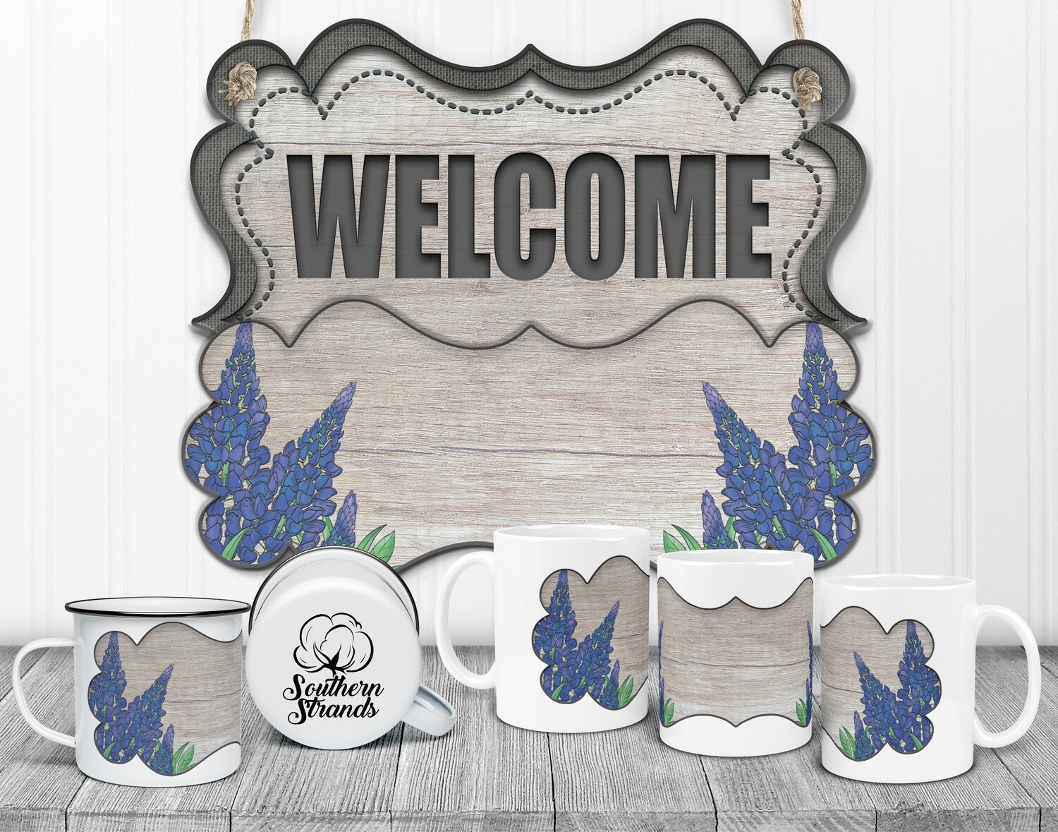 State Flower Welcome Board - Texas -  Blue Bonnets Wood Door Hanger 2 Piece with Interchangeable Bottom Art | DIGITAL DESIGN
