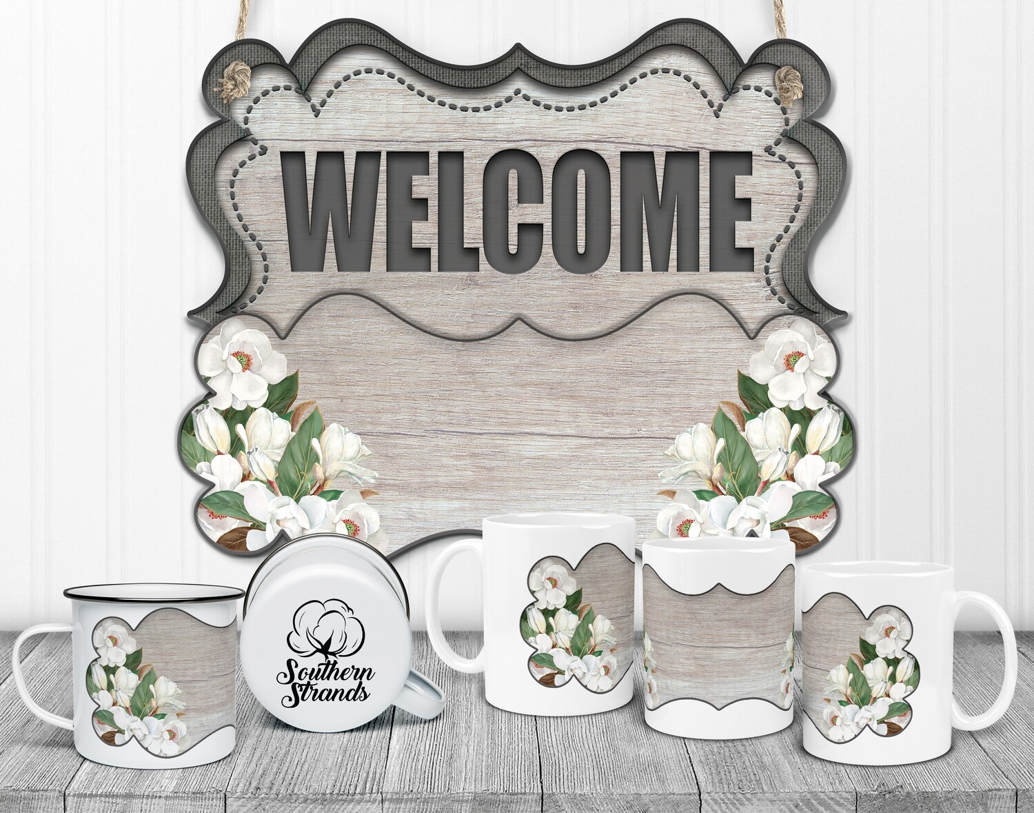 State Flower Welcome Board - Mississippi -  Magnolia Wood Door Hanger 2 Piece with Interchangeable Bottom Art | DIGITAL DESIGN