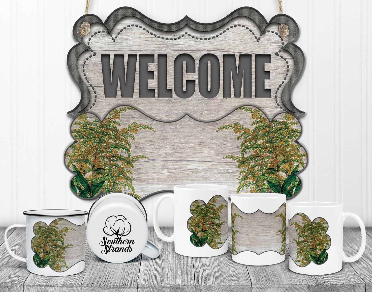 State Flower Welcome Board - Kentucky - Golden Rod Wood Door Hanger 2 Piece with Interchangeable Bottom Art | DIGITAL DESIGN