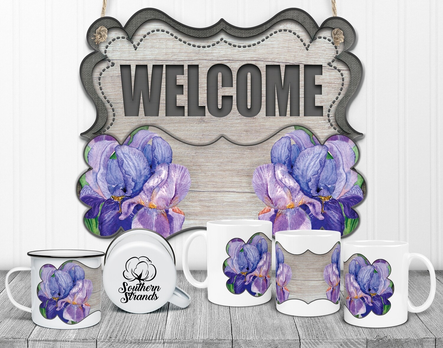 State Flower Welcome Board - Tennessee - Iris Wood Door Hanger 2 Piece with Interchangeable Bottom Art | DIGITAL DESIGN