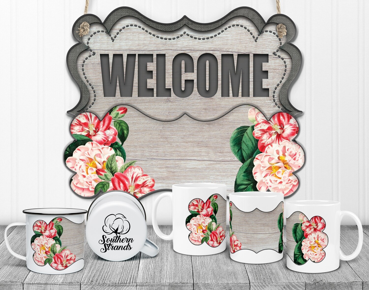 State Flower Welcome Board - Alabama - Camellia Wood Door Hanger 2 Piece with Interchangeable Bottom Art | DIGITAL DESIGN