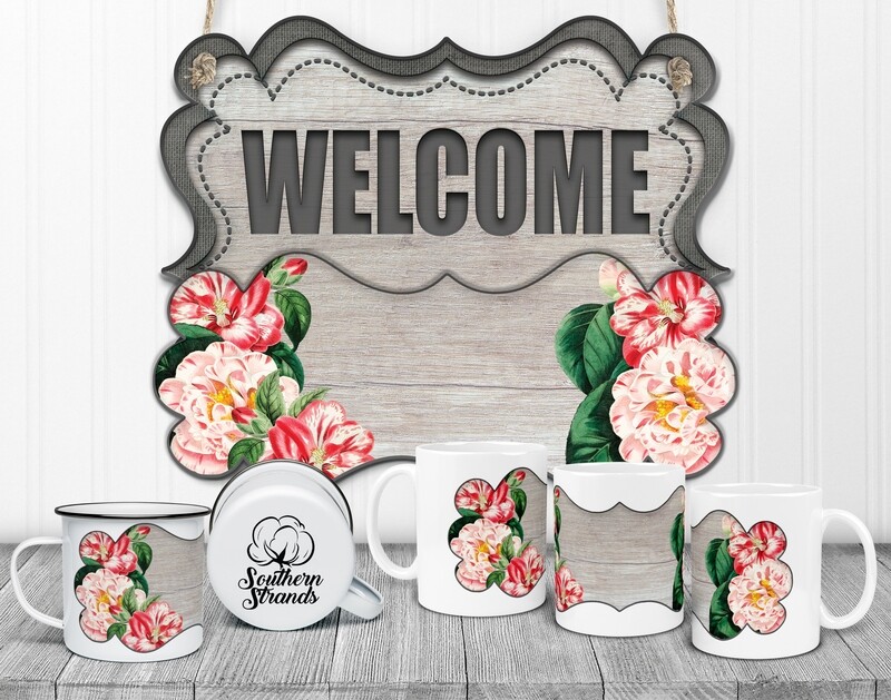 State Flower Welcome Board - Alabama - Camellia Wood Door Hanger 2 Piece with Interchangeable Bottom Art | DIGITAL DESIGN