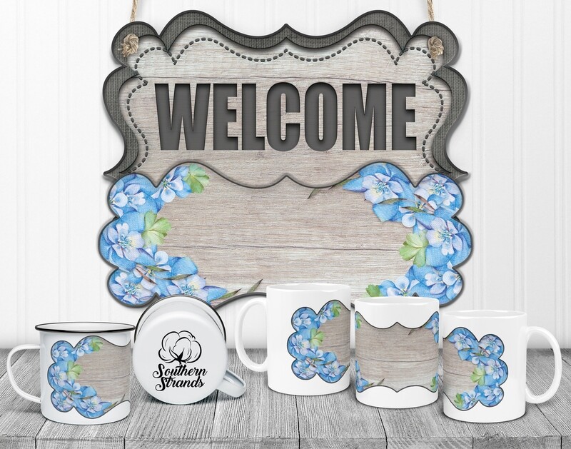 State Flower Welcome Board - Colorado - Columbine Wood Door Hanger 2 Piece with Interchangeable Bottom Art | DIGITAL DESIGN