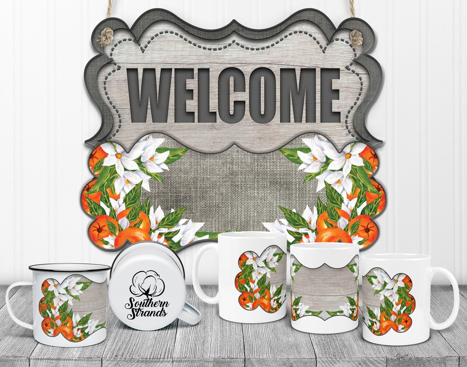 State Flower Welcome Board - Florida - Orange Blossoms Door Hanger 2 Piece with Interchangeable Bottom Art | DIGITAL DESIGN