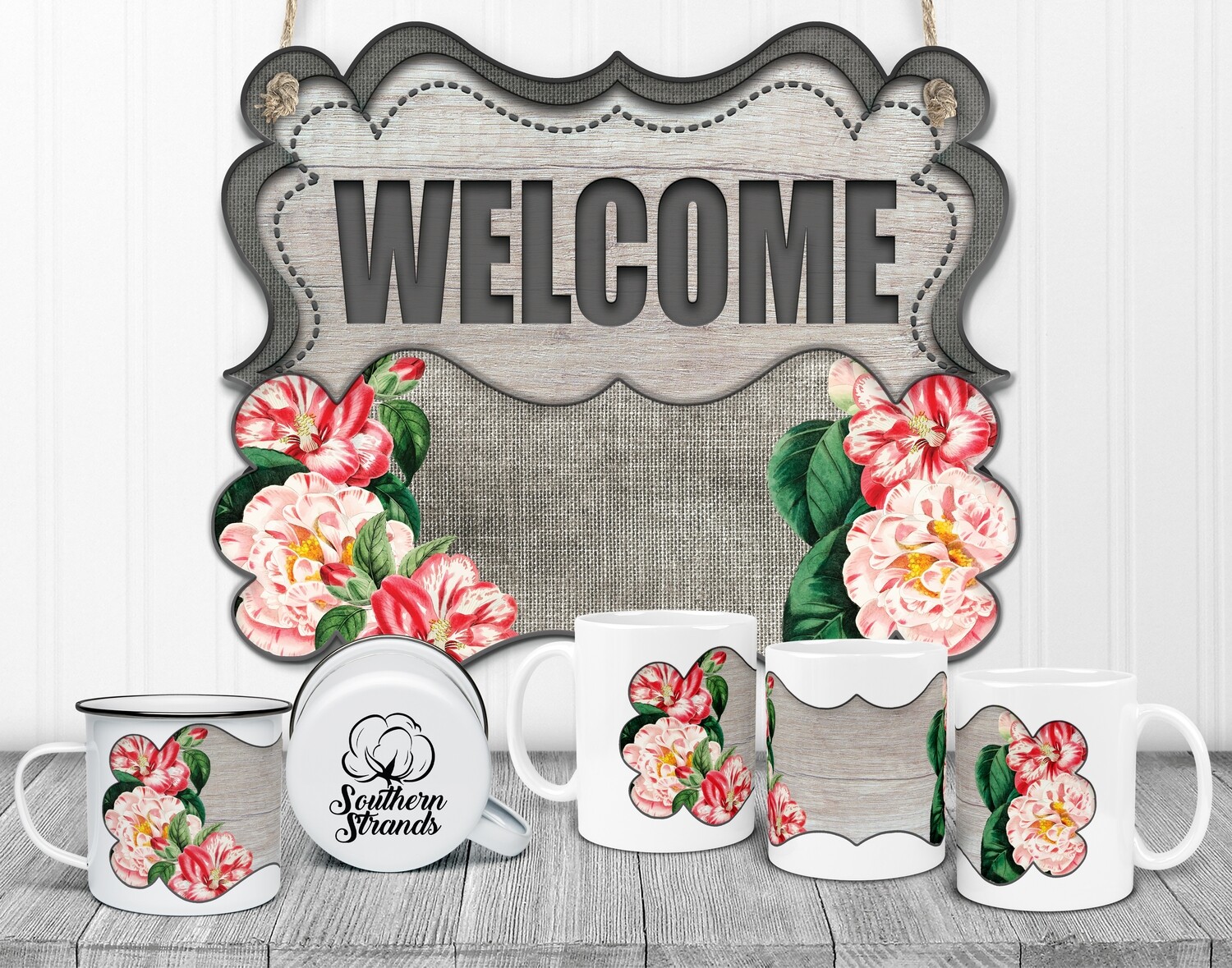 State Flower Welcome Board - Alabama - Camellia Door Hanger 2 Piece with Interchangeable Bottom Art | DIGITAL DESIGN