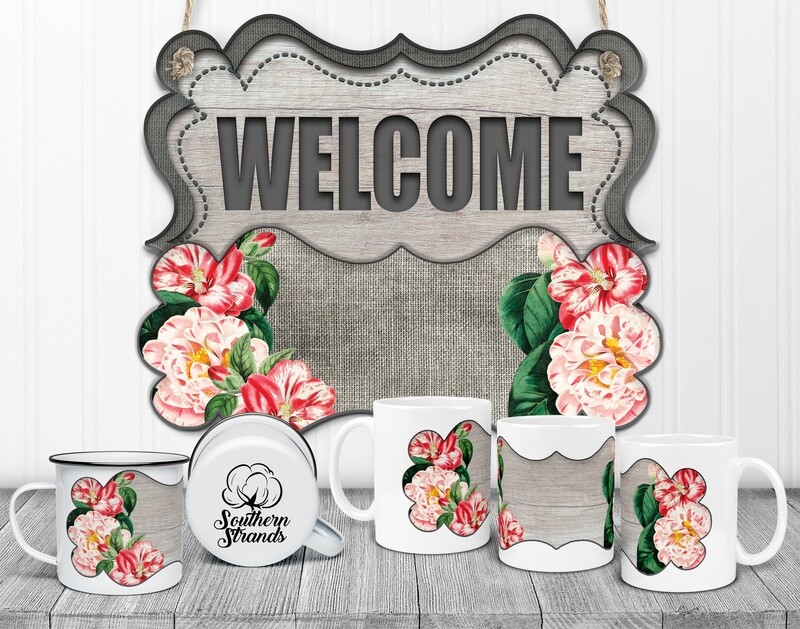 State Flower Welcome Board - Alabama - Camellia Door Hanger 2 Piece with Interchangeable Bottom Art | DIGITAL DESIGN