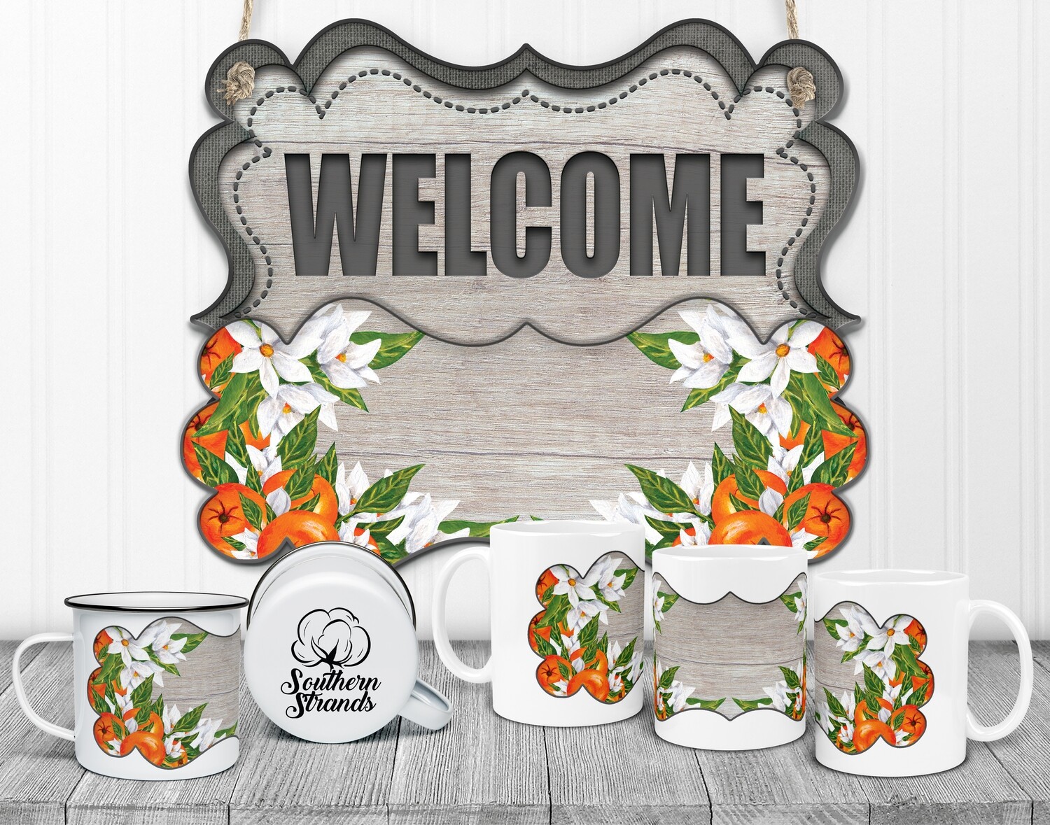 State Flower Welcome Board - Florida - Orange Blossoms Wood Door Hanger 2 Piece with Interchangeable Bottom Art | DIGITAL DESIGN