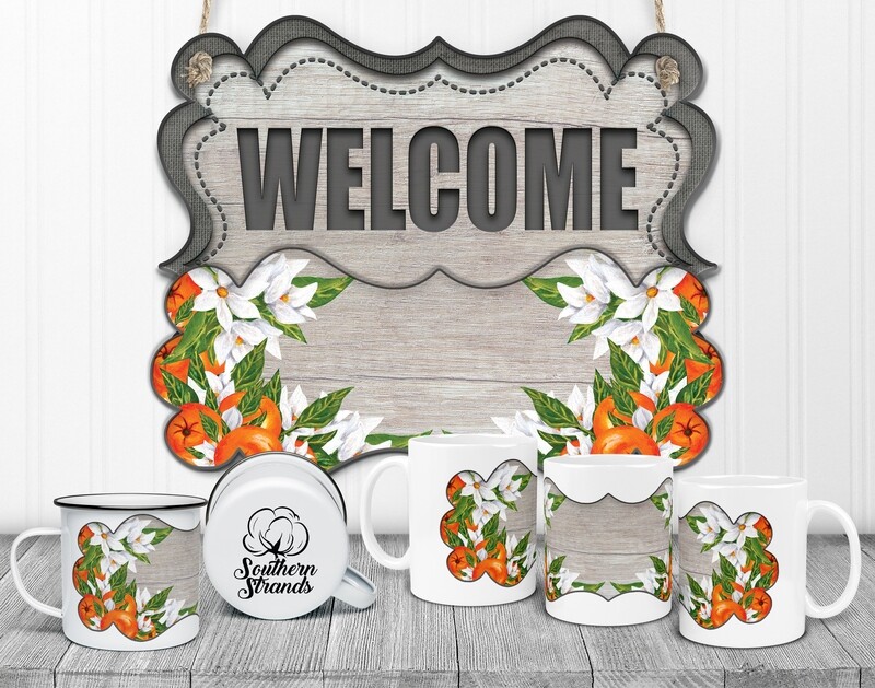 State Flower Welcome Board - Florida - Orange Blossoms Wood Door Hanger 2 Piece with Interchangeable Bottom Art | DIGITAL DESIGN