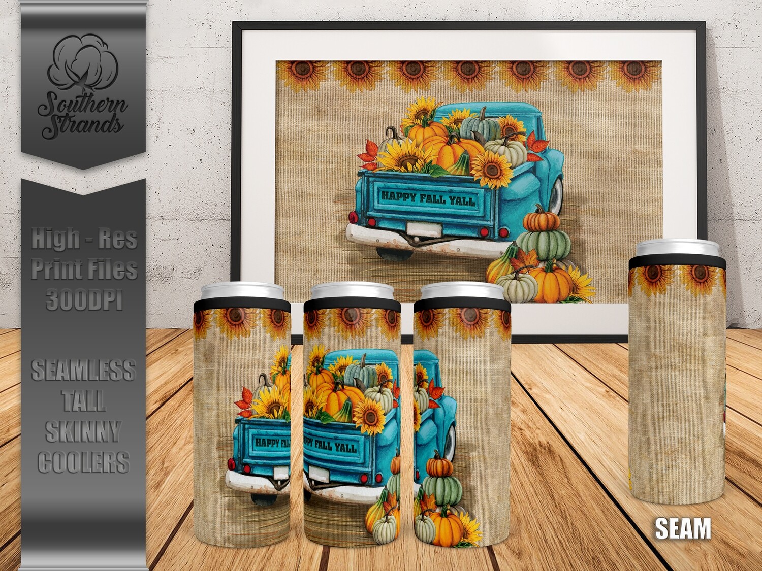 Fall Pumpkin Truck | SEAMLESS | Skinny Can Cooler | DIGITAL DESIGN