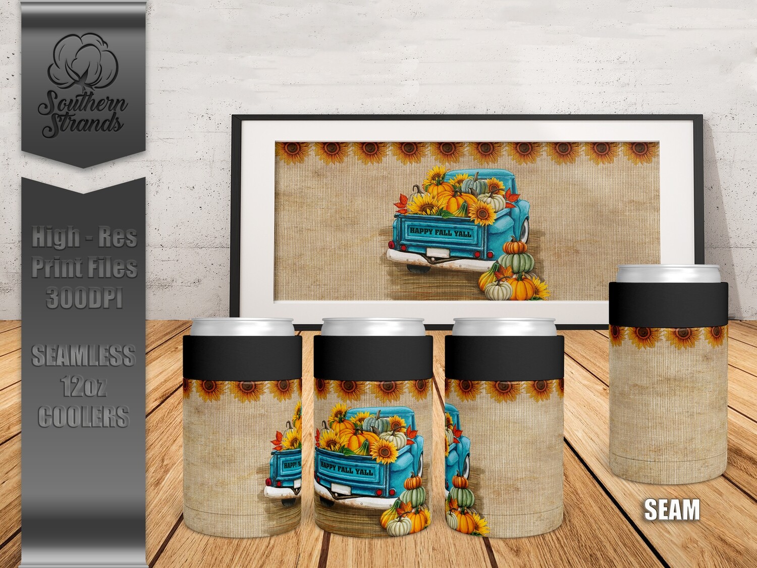Fall Pumpkin Truck | SEAMLESS | 12oz Can Cooler | DIGITAL DESIGN
