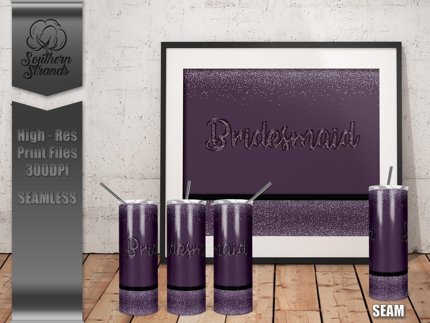 Bridal Party - Plum Glitter | Skinny 20 Tumblers | 2 Designs | Room to Personalize | SEAMLESS | DIGITAL DESIGN