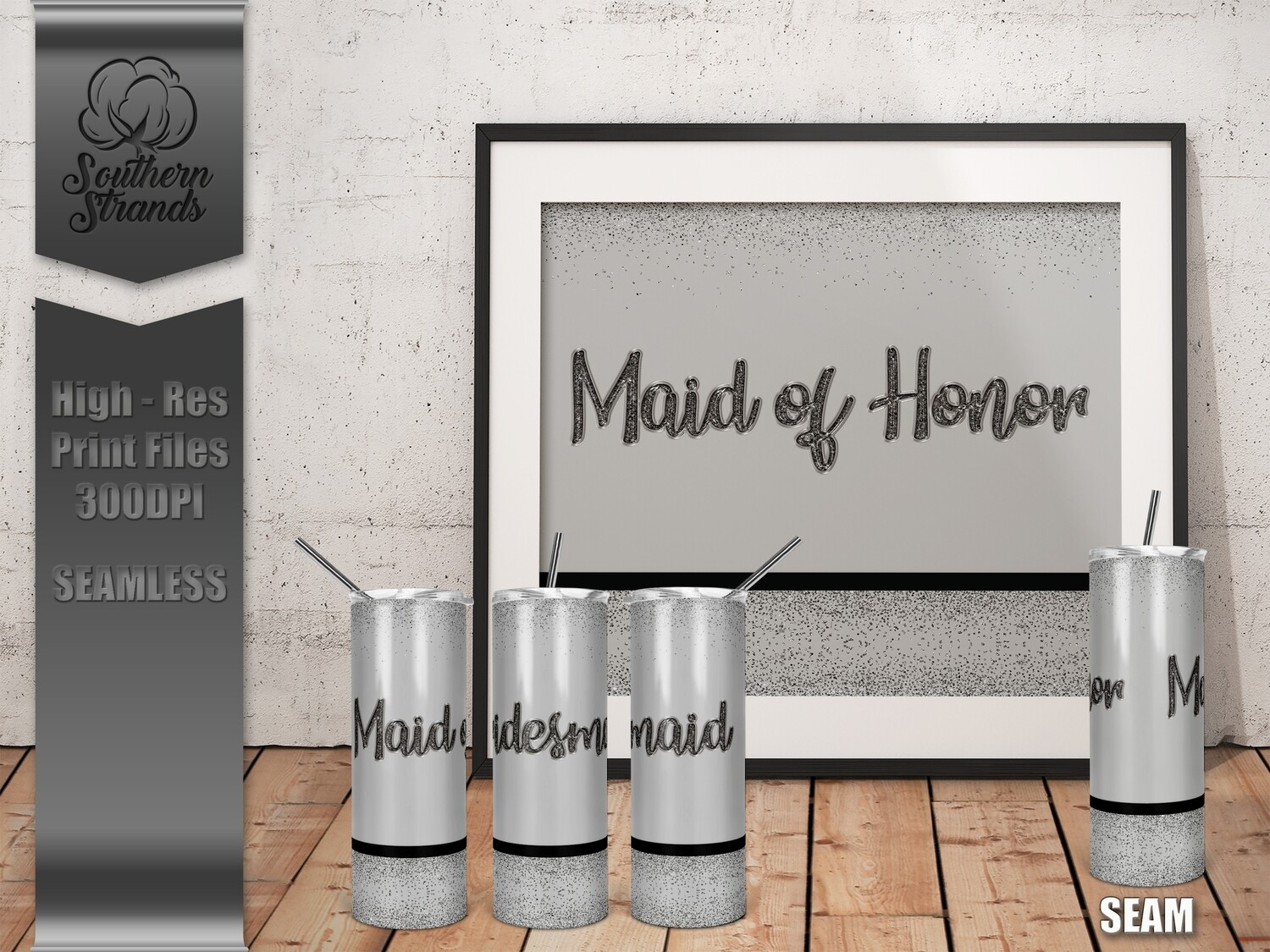 Bridal Party - Silver Glitter | Skinny 20 Tumblers | 2 Designs | Room to Personalize | SEAMLESS | DIGITAL DESIGN