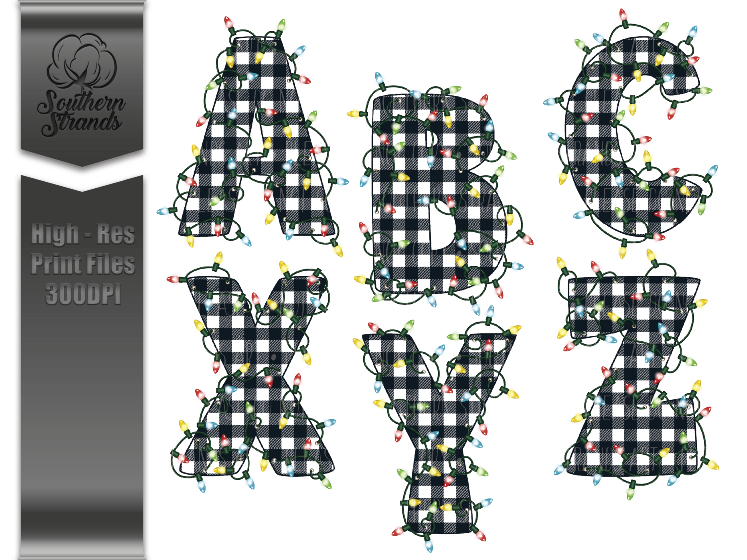 Funky Christmas Lights Alphas | Black and White | Digital Design