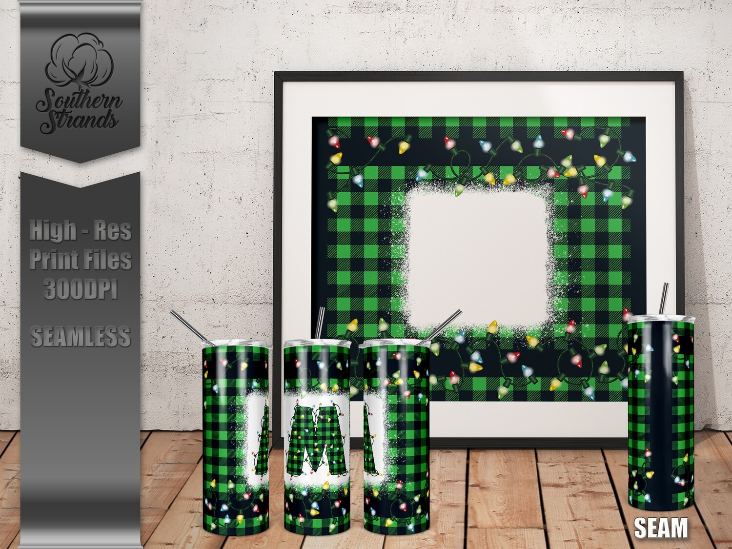 Funky Christmas Lights - Green and Black Plaid - Letters Sold Separately | SEAMLESS | DIGITAL DESIGN