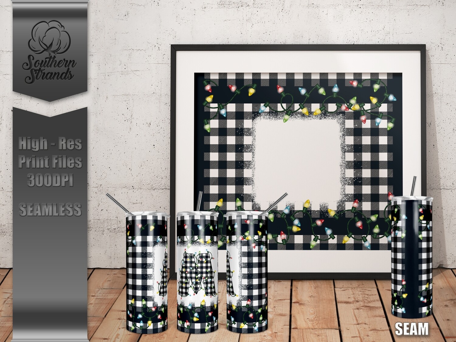 Funky Christmas Lights - White and Black Plaid - Letters Sold Separately | SEAMLESS | DIGITAL DESIGN