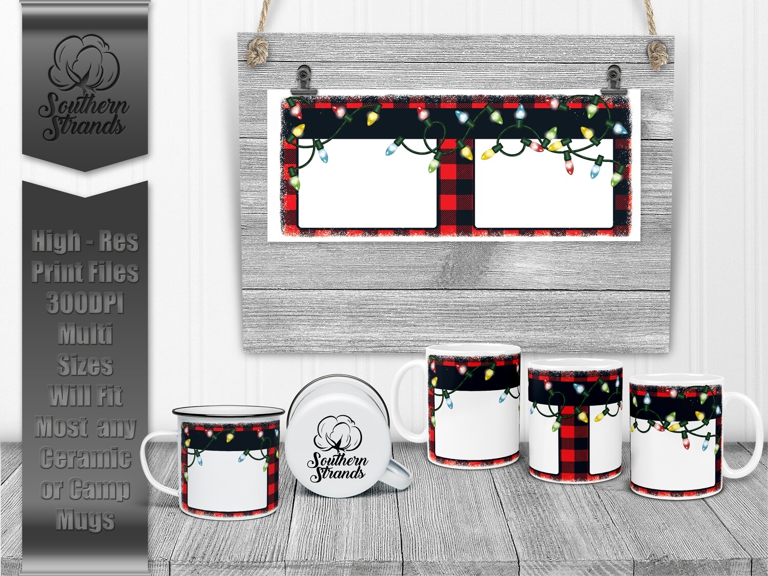 Funky Christmas Lights - Black and Red Plaid - Bleached Edge Mug | DIGITAL DESIGN