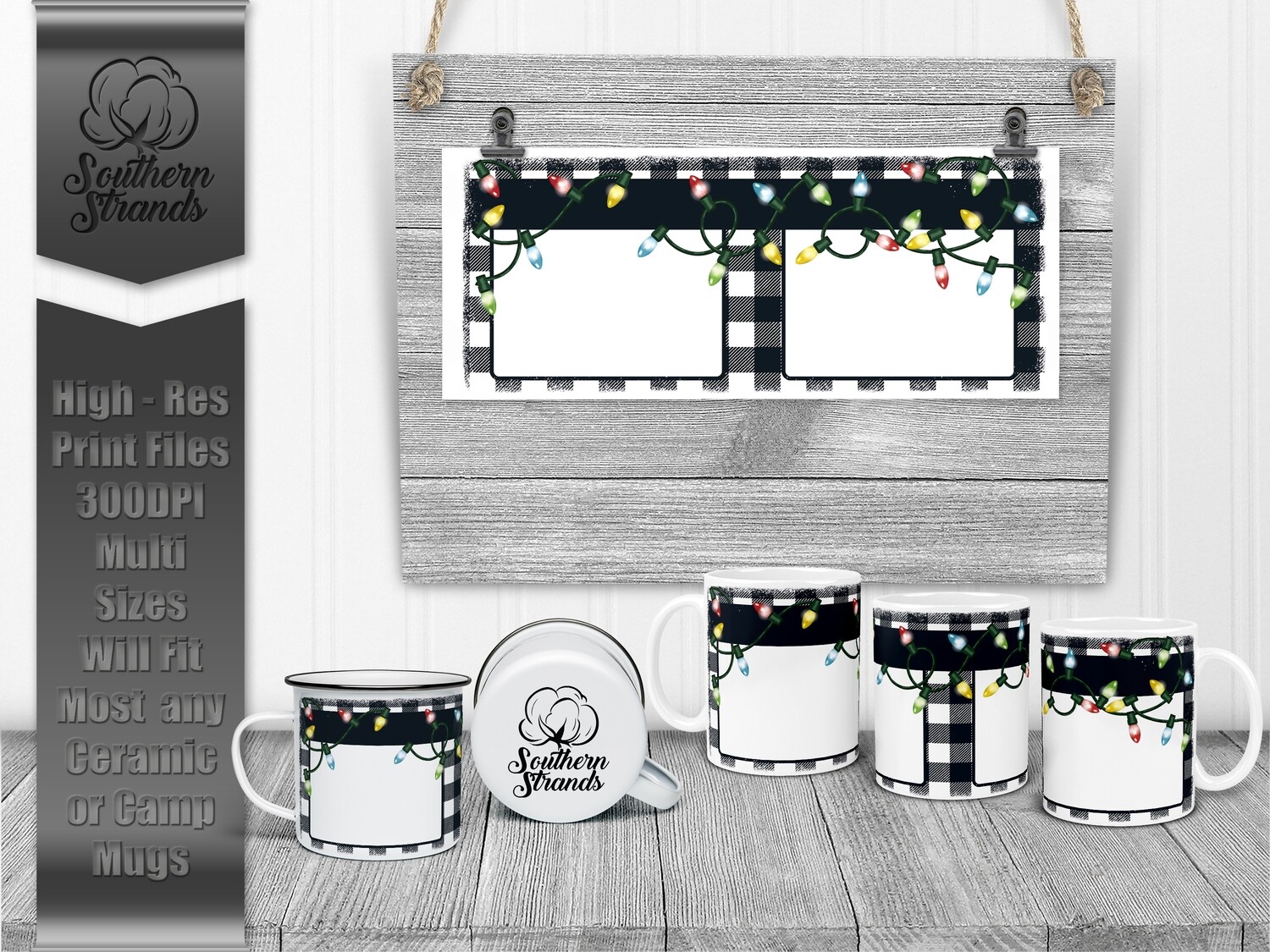 Funky Christmas Lights - Black and White Plaid - Bleached Edge Mug | DIGITAL DESIGN