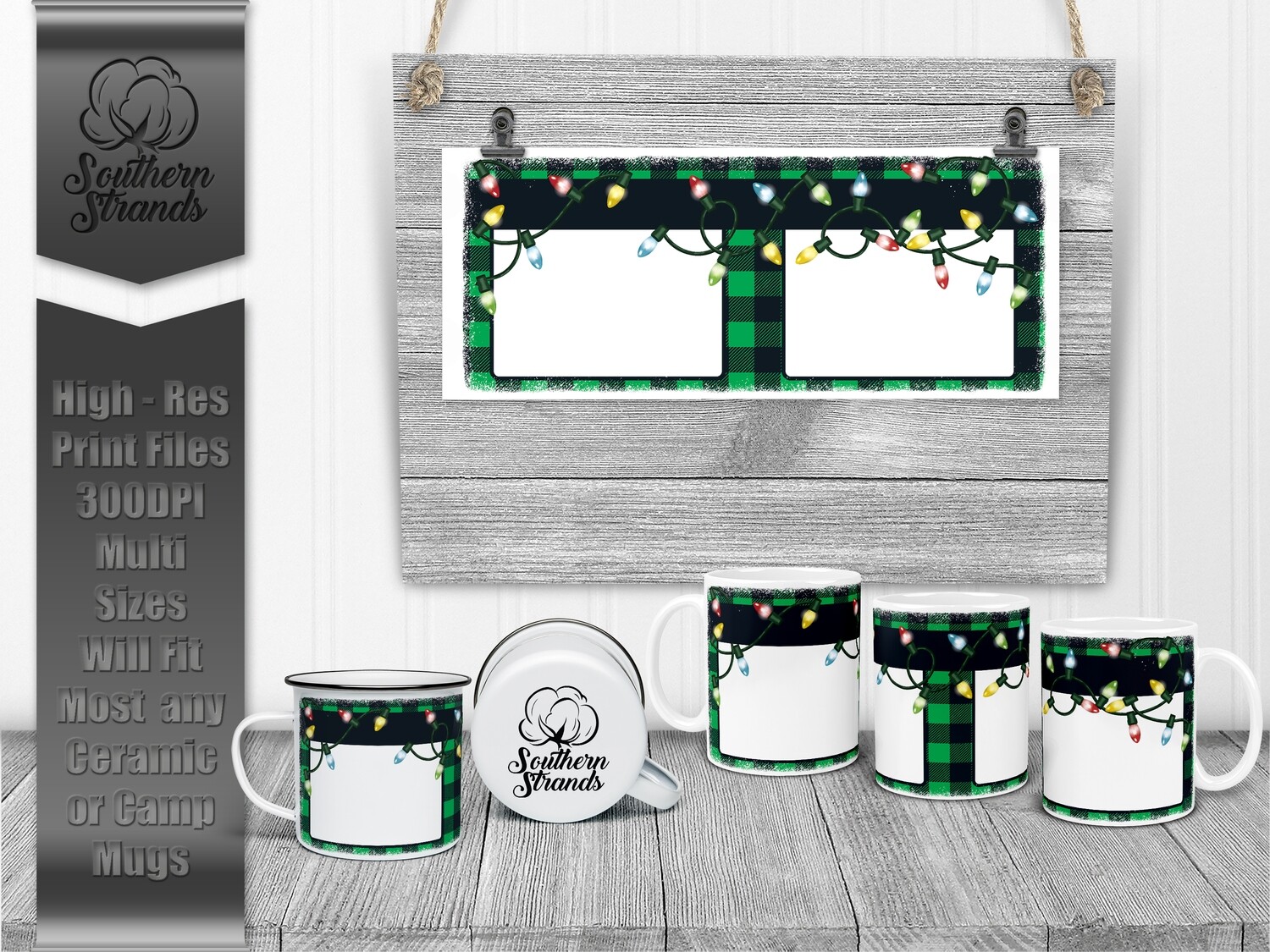 Funky Christmas Lights - Black and Green Plaid - Bleached Edge Mug | DIGITAL DESIGN
