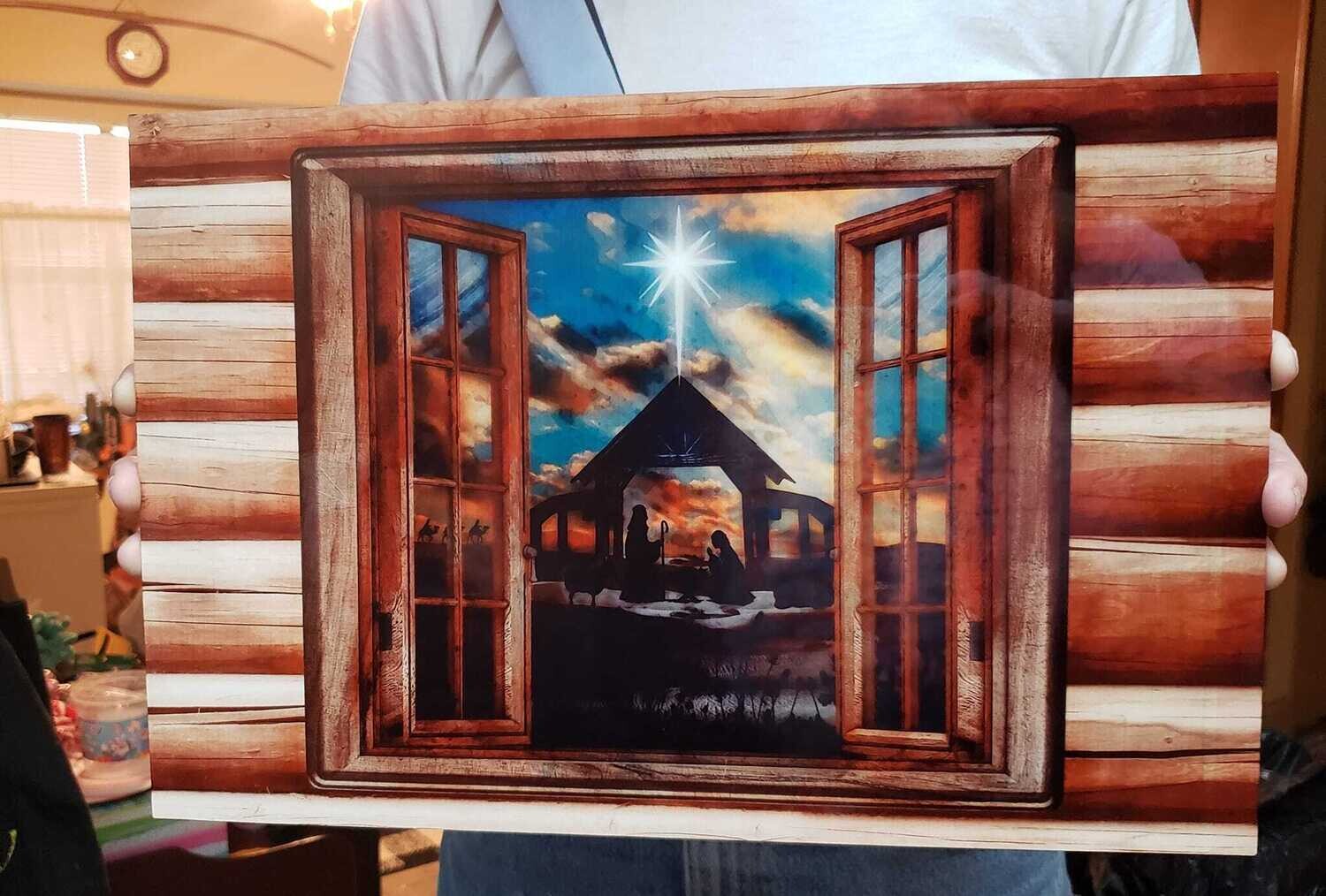 Christmas Nativity Open Window Watercolor With Logs 17.125x11.3125
