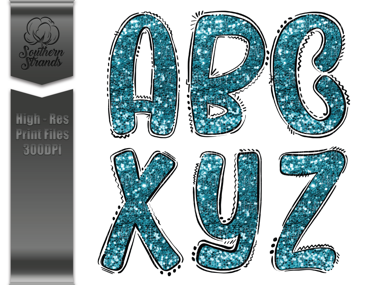 Chunky Teal Glitter Doodle Font | Digital Design