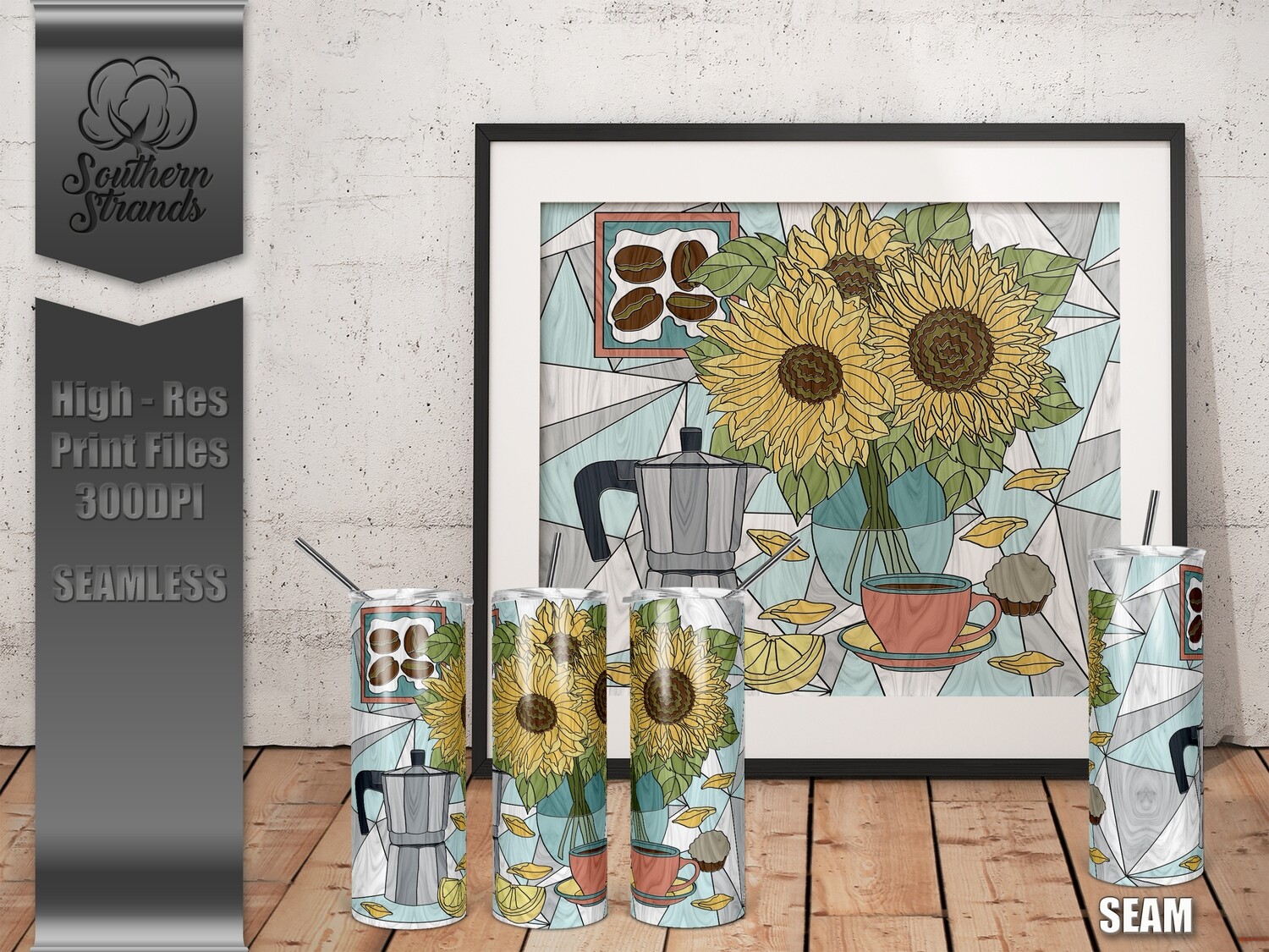 Stained Glass Tumbler - Sunflowers and Coffee  | DIGITAL DESIGN